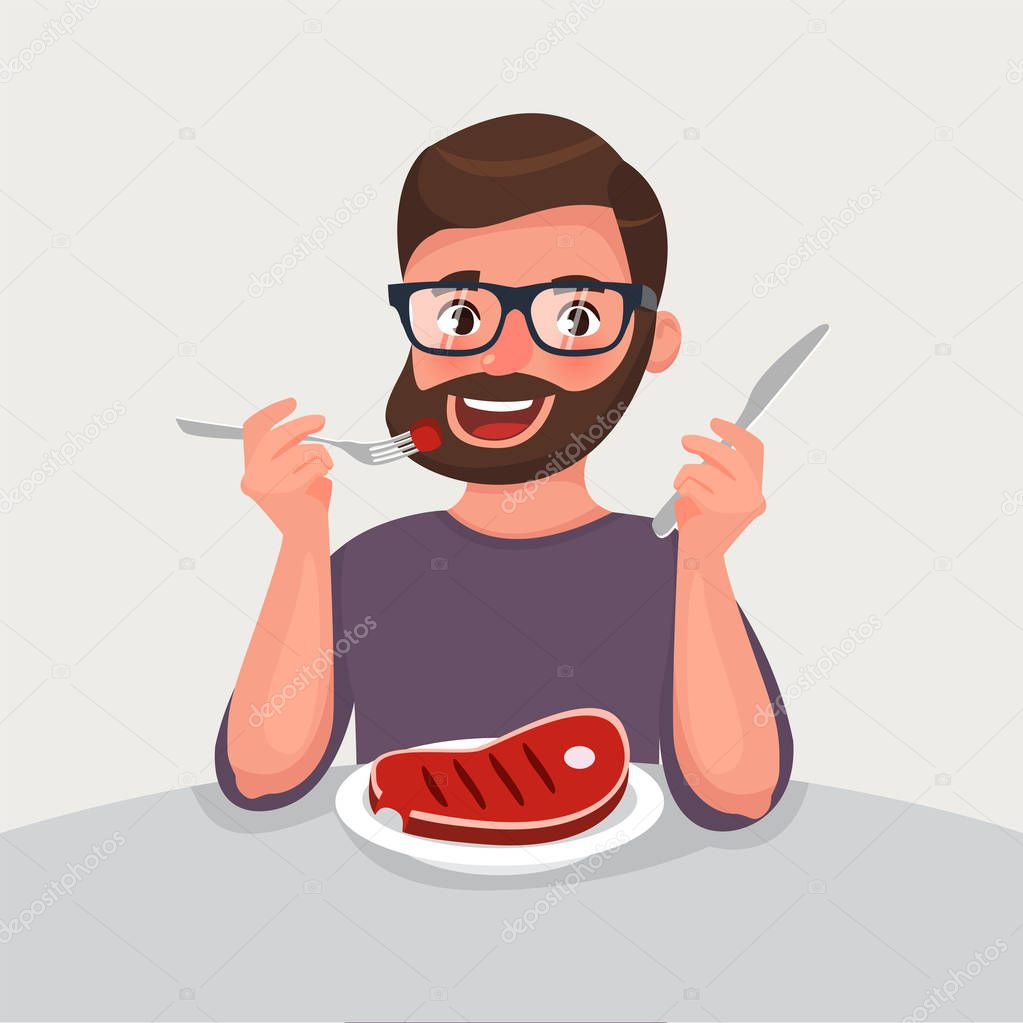Hipster beard man is eating a meat. Meat eating concept of unhealthy nutrition and lifestyle. Vector illustration in cartoon style