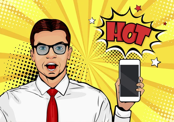 Homme Souriant Attrayant Avec Téléphone Main Dans Style Comique Illustration — Image vectorielle