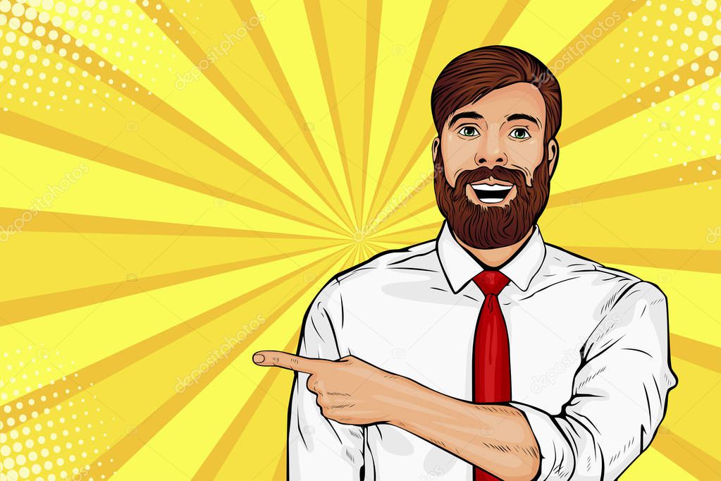 Bearded hipster man with shocked facial expression. Surprised male showing by finger. Vector illustration in pop art in retro comic style 