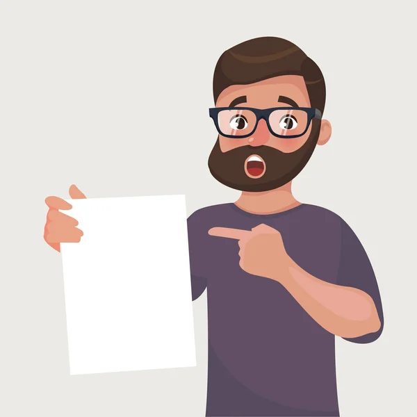 Mann Mit Brille Und Bart Zeigt Ein Blatt Papier Mit — Stockvektor