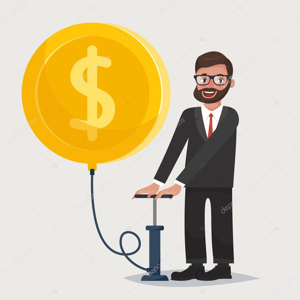 Man in glasses with beard blowing a balloon in the shape of a gold coin. Sign of dollar on the balloon. Business and finance concept. Hipster businessman. Vector illustration in cartoon style.