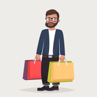 Glasess Berded hipster erkekte paketleri ile alışveriş. Vektör çizim karikatür tarzı