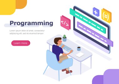 Programcı iş başında. Kavram infographics, web afiş için. Düz izometrik vektör çizim.