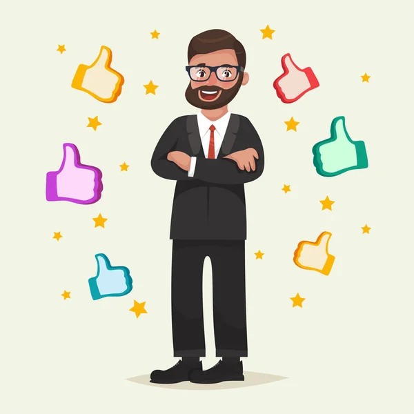 Happy Man Glasses Beard Gesture Him Vector Illustration Cartoon Style — Stock Vector