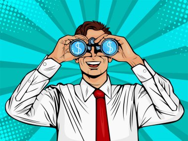 Financial monitoring of currency dollar businessman binoculars. Surprised man with open mouth. Colorful vector background in pop art retro comic style. clipart