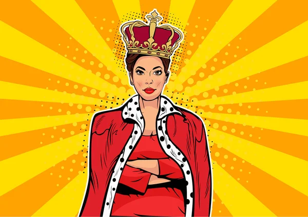 Sigara İçilmeyen King. Taç ile iş kadını. Kadın lideri, başarı patron, insan ego. Vektör retro pop sanat komik boğulmak illüstrasyon.