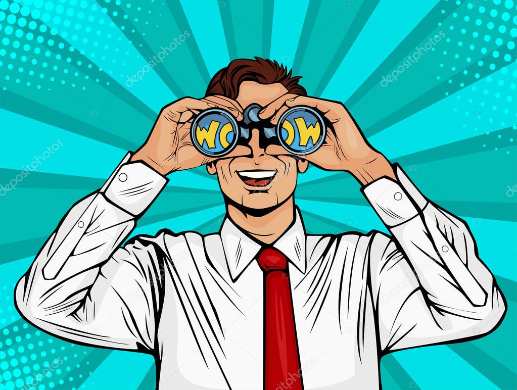 Wow pop art face of surprised man open mouth holding binoculars in his hand with inscription wow in reflection. Vector illustration in retro comic style.