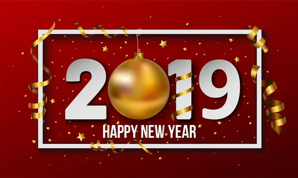 Vector 2019 Feliz Año Nuevo Fondo Con Bolas Navidad Oro — Vector de stock