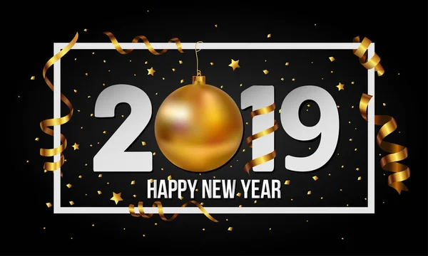 Vector 2019 Feliz Año Nuevo Fondo Con Bolas Navidad Oro — Vector de stock