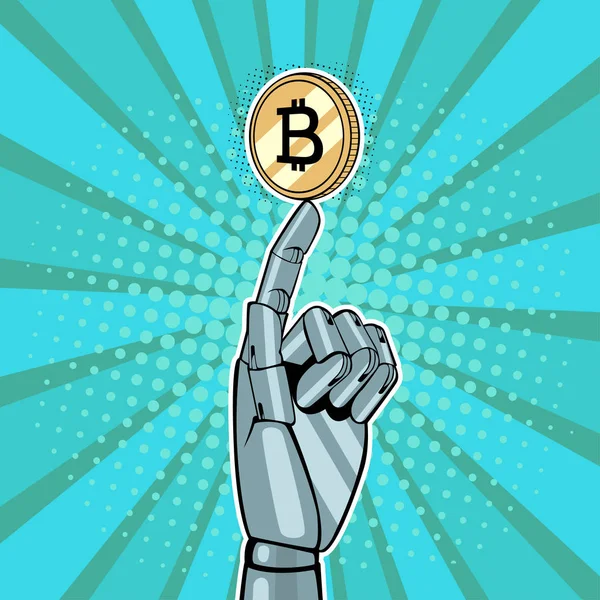 Mão Robótica Segurando Bitcoin Dourado Ilustração Vetorial Estilo Cômico Retro — Vetor de Stock