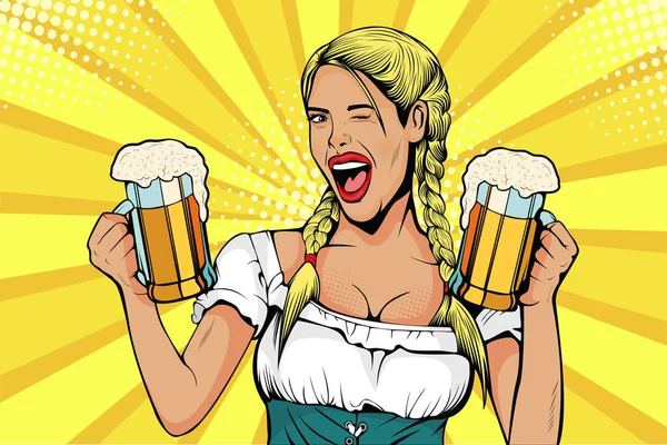 Almanya kız garson bira gözlük taşır. Oktoberfest kutlamaları. Pop sanat retro çizgi roman tarzı resimde vektör