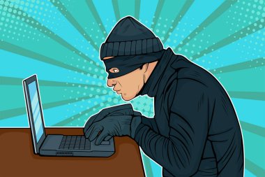 Caucasian hacker thief hacking into a computer. Vector illustration in pop art retro comic style clipart