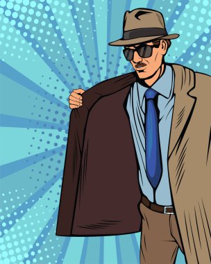 Smuggler is selling illegally on black market. Cloak-seller. Dealer in hat and coat . Bootlegger. Vector illustration in pop art retro comic style.  clipart