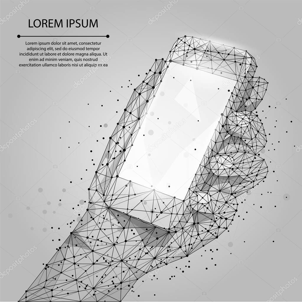 Abstract line and point grey Mobile phone with empty screen, holding by man hand. Communication app smartphone concept. Polygonal low poly background with connecting dots and lines. Vector illustration.