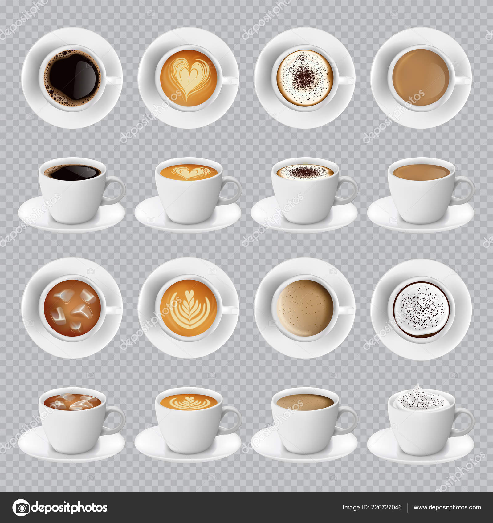 Realistic Different Sorts Coffee White Cups View Top Side Latte