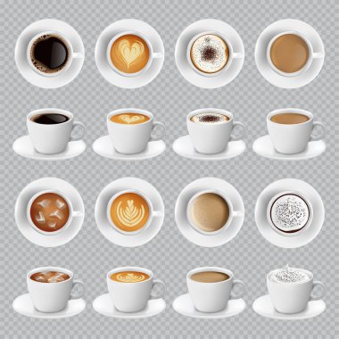 Farklı türlü gerçekçi beyaz fincan kahve yan ve üst görüntüleyin. Sütlü kapuçino espresso americano kakao gerçekçi bardak. Cafe menü için 3B vektör kupalar.