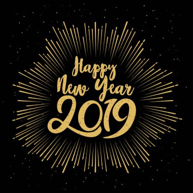 Tipografik 2019 iyi seneler. Kompozisyon ve patlama yazı ile vektör çizim. Tatil vintage Festival etiket