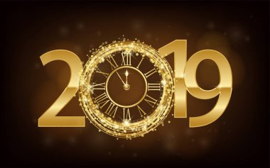 Mutlu yeni yıl 2019 - yeni yıl parlayan altın saat ve glitter arka plan. Vektör halat