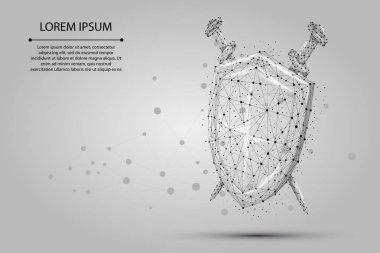 Poligonal kalkan ve kılıç soyut. Düşük poli tel kafes vektör çizim. Korumak ve güvenli dijital kavramı mash çizgi ve nokta.