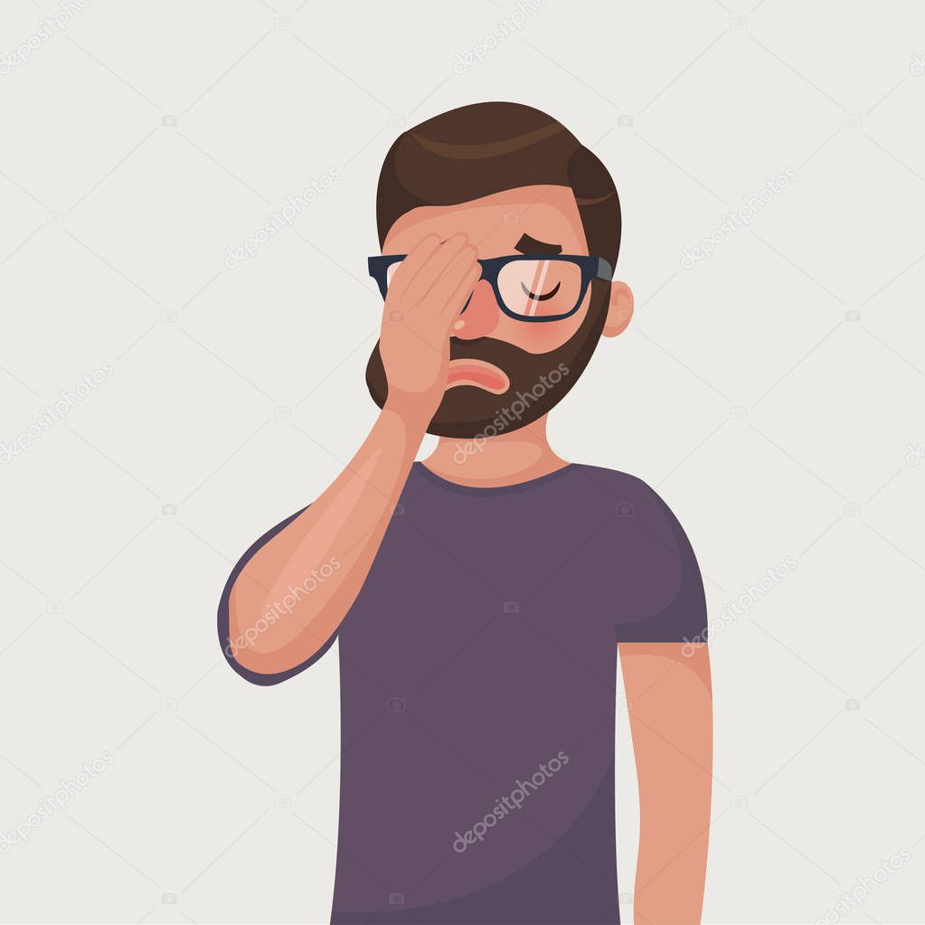 Hipster beard man in glasses make a facepalm gestures. Headache, disappointment or shame. Vector illustration in cartoon style