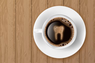 Bir fincan kahve ile diş köpük gerçekçi vektör çizim üzerinden. Kahve diş ganimet ve onları sarı yapar