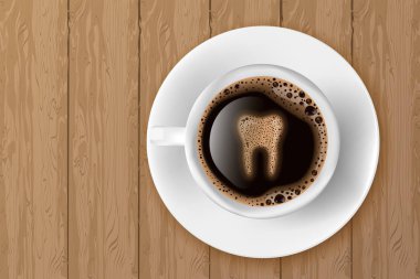 Cup of coffee with tooth from foam realistic vector illustration. Coffee spoils teeth and makes them yellow clipart