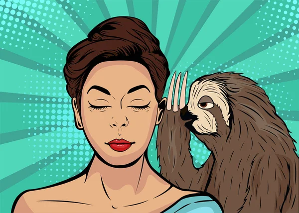 Sloth Chuchotant Une Fille Illustration Vectorielle Bande Dessinée Dans Style — Image vectorielle
