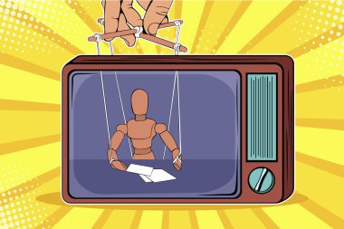 Bebek kuklacıyı kontrol ederken muhabir. Tv Fake News. Pop art retro çizgi roman tarzı renkli vektör illüstrasyon
