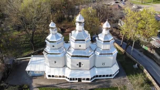 Flying Orthodox Cossacks Old Wooden Church Vinnitsa Ukraine Aerial Drone — Stock Video