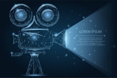 Soyut çokgen retro sinema projektörü. Düşük poli tel kafes vektör çizimi. Film zamanı. Sinema, film, festival afişi