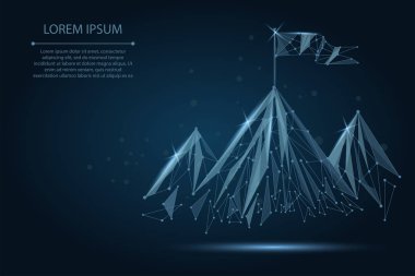 Dağın tepesinde düşük poli tel kafes Bayrak. İş hayatında başarı, üst veya hedef sembolü