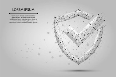 Noktalar, çizgiler ve şekillerden oluşan kalkanüzerindeki Onay işaretinin soyut görüntüsü. Nokta ve yıldız ile gece gökyüzünde Polygonal tel kafes örgü. Güvenlik, güvenli, gizlilik vektör illüstrasyon