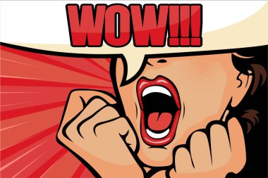 Pop art esmer kadın yüzü açık ağız ile şaşırttı. Komik kadın konuşma balonu ile. Vektör çizim.