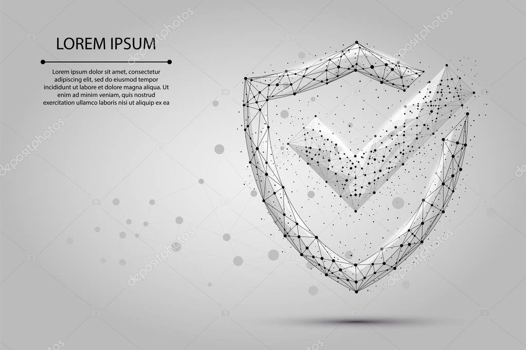 Abstract image of a Check mark on shield consisting of points, lines, and shapes. Polygonal wireframe mesh on night sky with dots and stars. Security, safe, privacy vector illustration