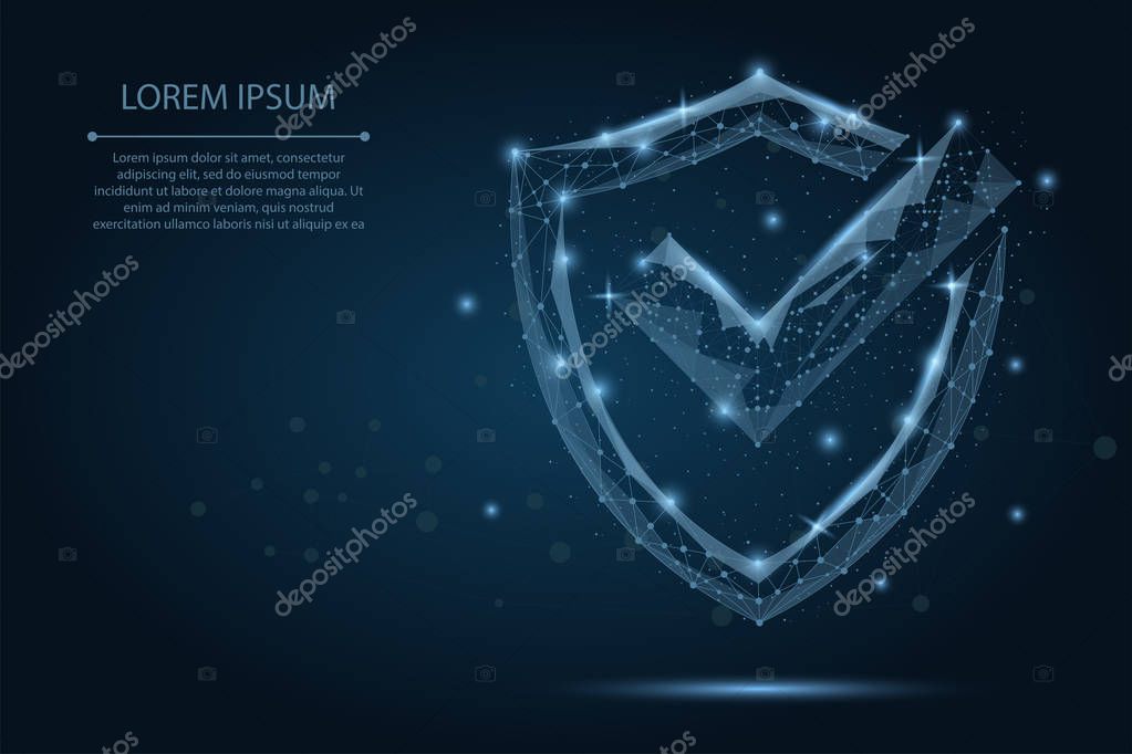 Abstract image of a Check mark on shield consisting of points, lines, and shapes. Polygonal wireframe mesh on night sky with dots and stars. Security, safe, privacy vector illustration