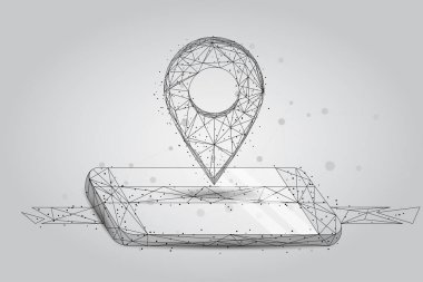 Mobil ekranda soyut Mash Line ve nokta GPS pin. Soyut düşük Poly tel kafes vektör seyahat çizim. Starry gökyüzü ve evren tarzı. Haritalar ve gezgin Hizmetleri.