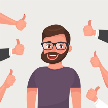 Neşeli hipster sakallı genç adam elleri ile çevrili jest başparmak gösteren. Halkın takdiri, olumlu görüş, saygı, takdir, onur. Düz karikatür vektör illüstrasyon