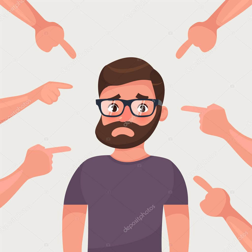 Sad, depressed, ashamed man surrounded by hands pointing him out with fingers. Social disapproval blame and accusation concept. Flat style character vector illustration