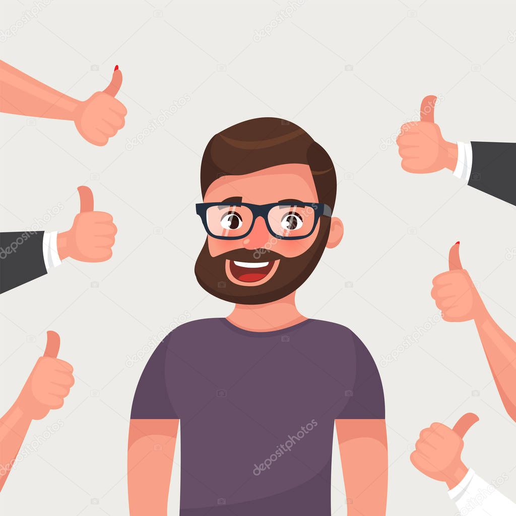 Cheerful hipster bearded young man surrounded by hands demonstrating thumbs up gesture. Public appreciation, positive opinion, respect, recognition, honor. Flat cartoon vector illustration