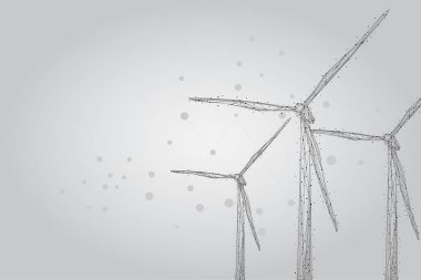 Noktalar, çizgiler ve şekillerden oluşan üç rüzgar değirmeni. Rüzgar türbinleri alanı. Yenilenebilir alternatif elektrik enerjisi kaynakları. Düşük poli tel çerçeve vektör çizimi.