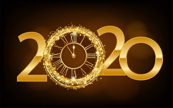 Gott Nytt 2020 Nyår Skinnande Bakgrund Med Guldklocka Och Glitter — Stock vektor