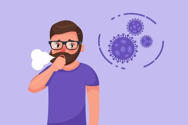 Dibujos Animados Hipster Barbudo Joven Con Coronavirus Síntoma Tos Seca — Vector de stock