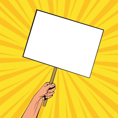 Tahta çubukta boş afiş olan bir el. Pop Art retro komik tarzında renkli vektör illüstrasyonu.
