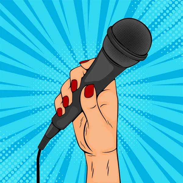 Fille Femme Main Tenir Microphone Dessin Animé Vectoriel Illustration Dans — Image vectorielle