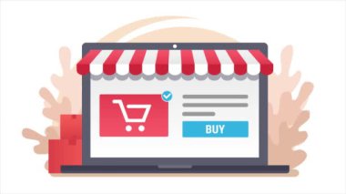Elektronik ticaret simgeleri olan dizüstü bilgisayar, 4k video animasyonu