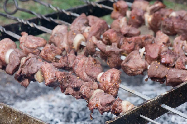 Shish Kebab Close Cooking Barbecue — Stock Photo, Image