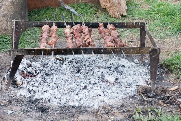 Shish Kebab Close Gril Vaření — Stock fotografie