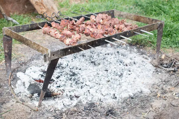 Shish Kebab Close Cooking Barbecue — Stock Photo, Image