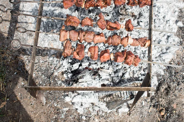 Shish Kebab Close Cooking Barbecue — Stock Photo, Image