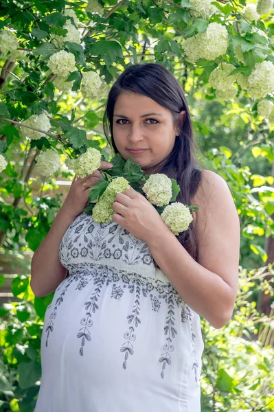 孕妇在白色礼服在夏天森林 — 图库照片